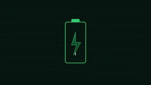 Minimalist green battery icon with a lightning bolt on a dark background Video stock 338310526