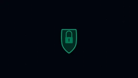 Minimalist green shield icon with a padlock symbol on a solid black backgroun Stock Footage 338310685