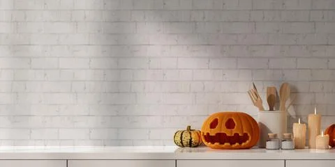 Minimalist Halloween Kitchen Decor with Jack-O-Lantern 3D Render Stock Illustration