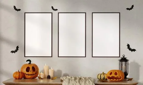 Minimalist Halloween Setup with Jack-O-Lanterns and Bat Decor 3D Render Illustrazione stock