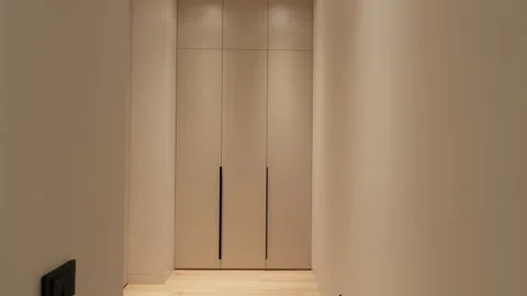 Minimalist hallway interior design with built-in closets. Modern furniture at Stock Footage 312122540