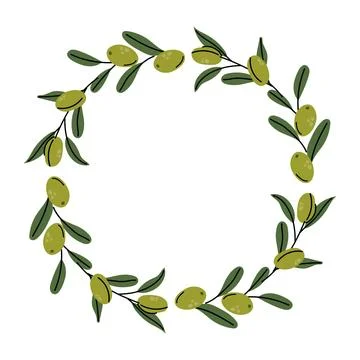 Minimalist hand drawn vector round wreath frame made of green olive branches  Stockillustratie