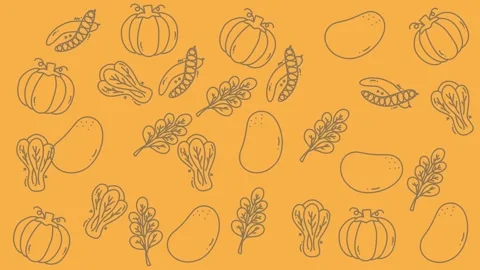 Minimalist hand-drawn vegetable pattern on orange background for food designs Stock Footage 344909929