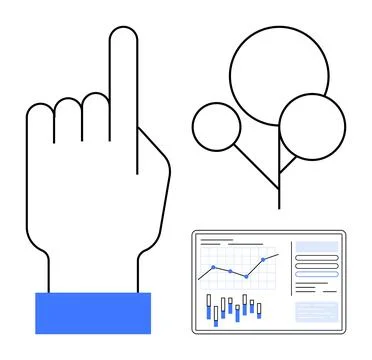 Minimalist hand gesture with digital graph and tree diagram for data analys.. 스톡 일러스트