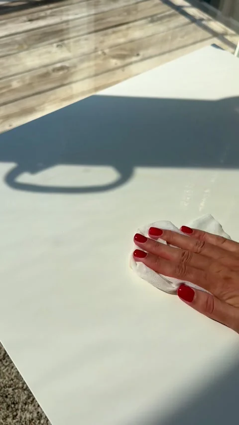 Minimalist home cleaning routine, featuring a woman hand with red manicure Stock Footage 342073123