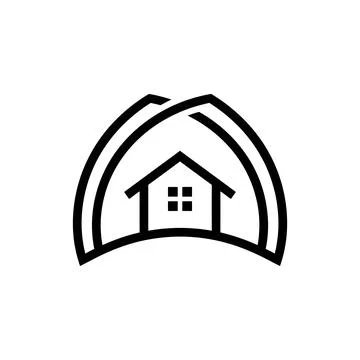 Minimalist house icon within two arched lines, residential logo design. Stock Illustration