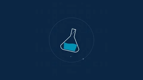 Minimalist icon of an erlenmeyer flask with blue liquid on a dark background Stockbeeldmateriaal 338309510