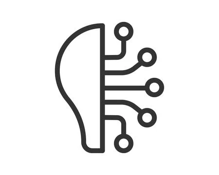 Minimalist icon of a head connected to circuit board. Represents AI, machin.. Stock Illustration