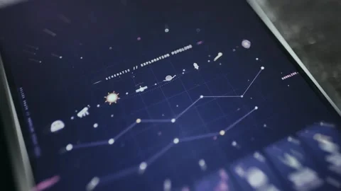 Minimalist icons representing celestial bodies and technological nodes Stock Footage 334943834