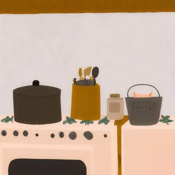 Minimalist illustration of kitchenware set in a kitchen Stock Illustration