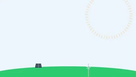 Minimalist illustration of a solar panel and a wind turbine on green hill 库存影片 336262525