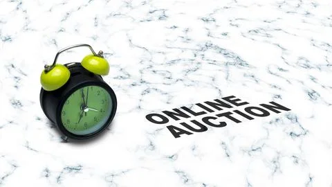 Minimalist image featuring a lime green alarm clock and the words ONLINE AU.. Stock Photos