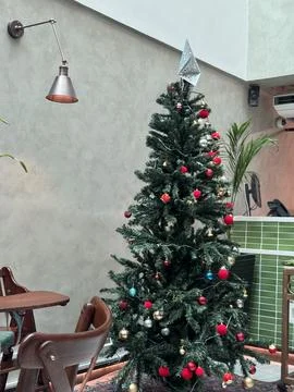 Minimalist Indoor Christmas Tree with Modern Industrial Decor Stock Photos
