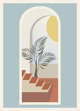 Minimalist interior architecture view through window. Balcony mediterranean Stock Illustration