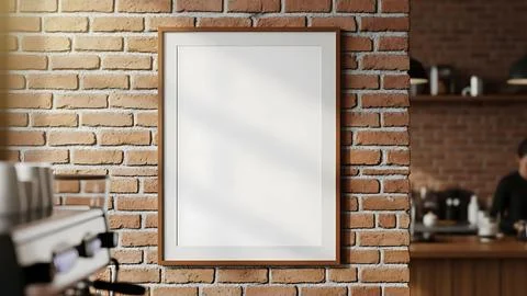 Minimalist interior with brick wall and white picture frame Stock Photos