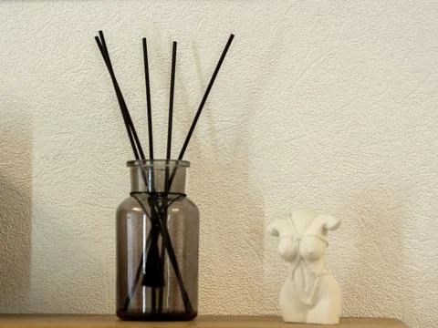 Minimalist interior design elements against white textured wall background. Foto stock