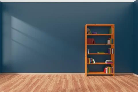 Minimalist interior of empty blue room with bookcase Stock Illustration