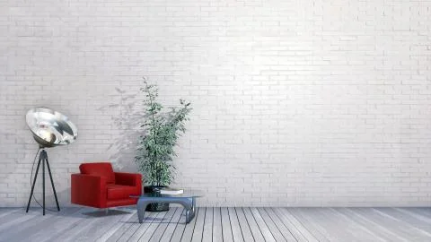 Minimalist interior with empty white brick wall 3D Stock Illustration