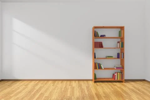 Minimalist interior of empty white room with bookcase Stock Illustration