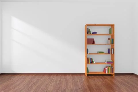 Minimalist interior of empty white room with bookcase. Stock Illustration