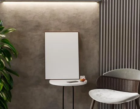 A minimalist interior scene features a blank canvas in a thin brown Stock Illustration