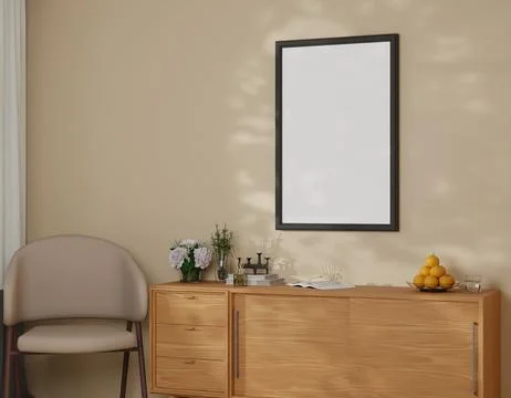 A minimalist interior scene features a blank vertical poster Stock Illustration