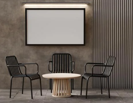A minimalist interior scene features four black slatted chairs surrounding .. Ilustração Stock