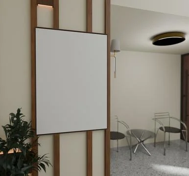 A minimalist interior scene features a large blank square canvas with a dar.. Illustrazione stock