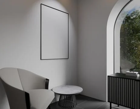 A minimalist interior scene features a light grey armchair, a small round s.. Stock Illustration