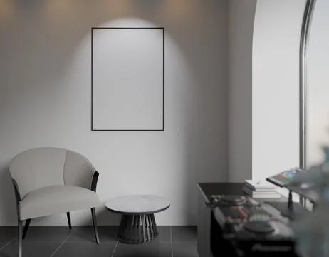 A minimalist interior scene features a light grey armchair, a round marble-.. Stock Illustration