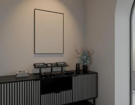 A minimalist interior scene featuring a black cabinet with a DJ setup, a bl.. Stock Illustration