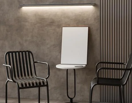 Minimalist interior scene featuring two black metal chairs flanking a small.. Stock Illustration