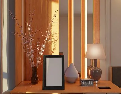 A minimalist interior scene, featuring a wooden table, a blank frame, a vas.. 스톡 일러스트