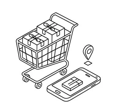 Minimalist isometric black outline vector of supermarket trolley filled with pre Stock Illustration