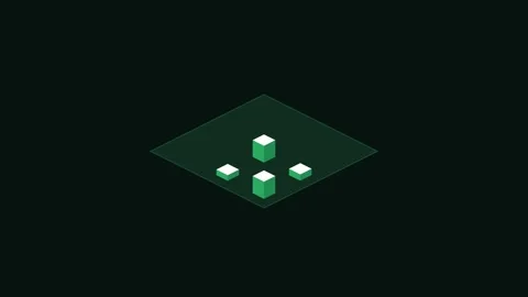 Minimalist isometric green cubes floating on a dark diamond platform grid Stockbeeldmateriaal 338310723