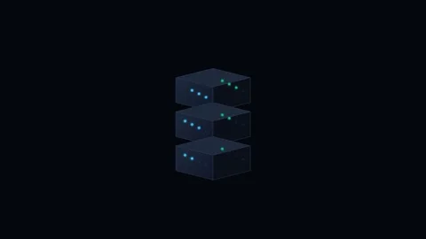 Minimalist isometric stack of dark digital server blocks on black background Stock Footage 338309570