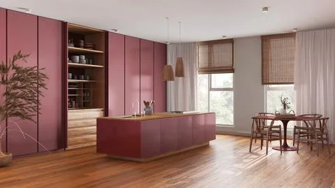 Minimalist japandi kitchen in red colored tones. Island and dining table wi.. Stock Illustration