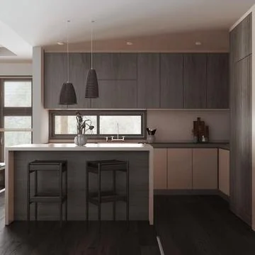 Minimalist kitchen in dark and beige tones with island and stools. Wooden c.. Stock Illustration
