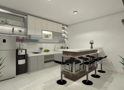 Minimalist Kitchen Design with Bar Table Illustration