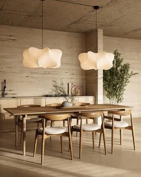 Minimalist kitchen dining area with natural wood and elegant lighting, 3d Illustrazione stock