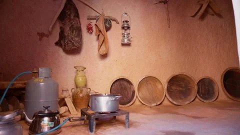 Minimalist kitchen inside local african house in Matmata. Stock Footage 296380662