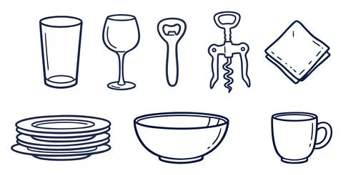Minimalist Kitchen Tableware Utensils Set Glass Plate Bowl Cup Line Icons Stock Illustration