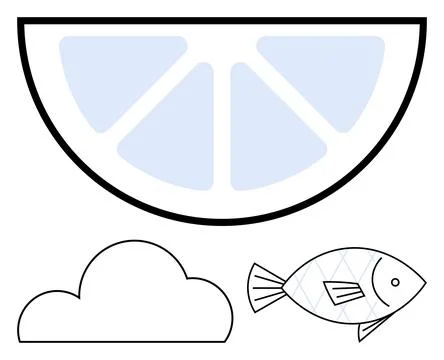 Minimalist Lemon Slice, Cloud, and Fish in Black and Light Blue Palette Stock Illustration