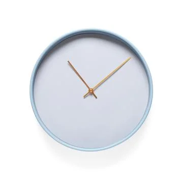 Minimalist light blue wall clock with golden hands, time management and deadl Stock Photos