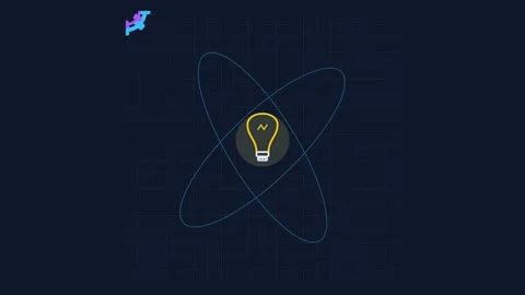 Minimalist light bulb icon centered on a dark blue grid background pattern Stock Footage 338309471