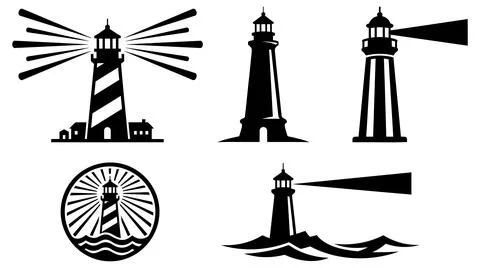 Minimalist lighthouse silhouette vector set marine navigation graphic symbols Stock Illustration