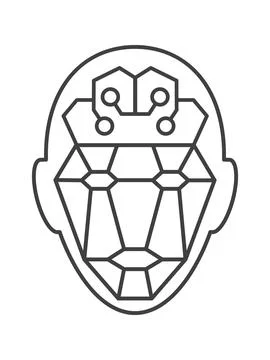 A minimalist line art vector icon depicting a cybernetic human head with a di Stock Illustration