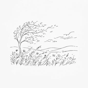 Minimalist line drawing landscape with tree, flowers and rolling hills Silh.. Stock-Illustration