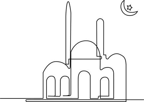 Minimalist line drawing of a mosque with a crescent moon and star Vector Stock Illustration