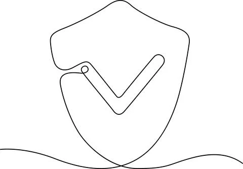 A minimalist line drawing of a shield with a stylized ribbon or banner. Vecto Stock Illustration